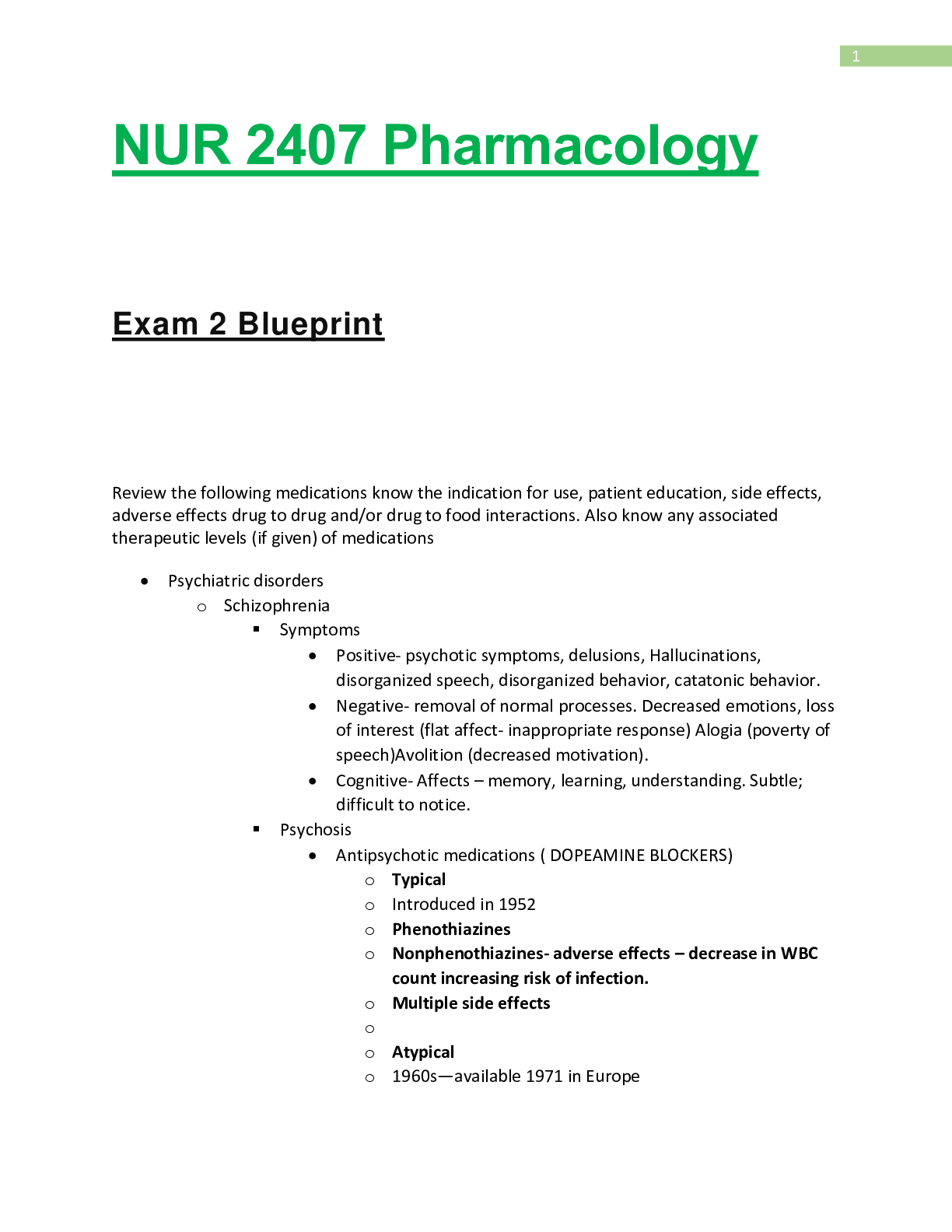 Preview of NUR2407 / NUR 2407: Pharmacology Exam 2 Blueprint (Latest Update) Rasmussen